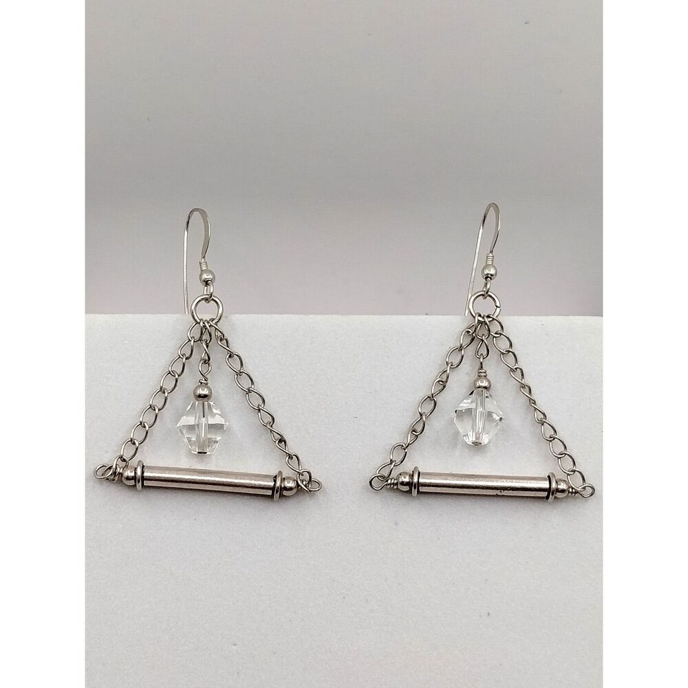 Vintage Triangle Swing Pendulum Style Crystal and Silver Toned Earrings